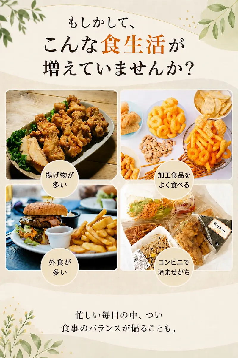 もしかして、こんな食生活が増えていませんか？揚げ物が多い。加工食品をよく食べる。外食が多い。コンビニで済ませがち。忙しい毎日の中、つい食事のバランスが偏ることも。