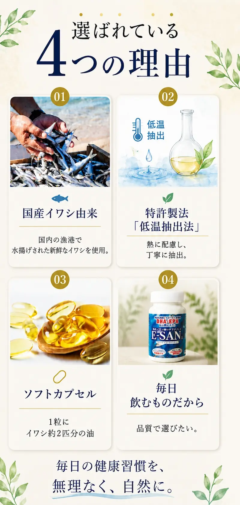 選ばれている4つの理由。①国産イワシ由来（国内の漁港で水揚げされた新鮮なイワシを使用）②特許製法「低温抽出法」（熱に配慮し、丁寧に抽出）③ソフトカプセル（1粒にイワシ約2匹分の油）④毎日の飲むものだから品質で選びたい。毎日の健康習慣を、無理なく、自然に。