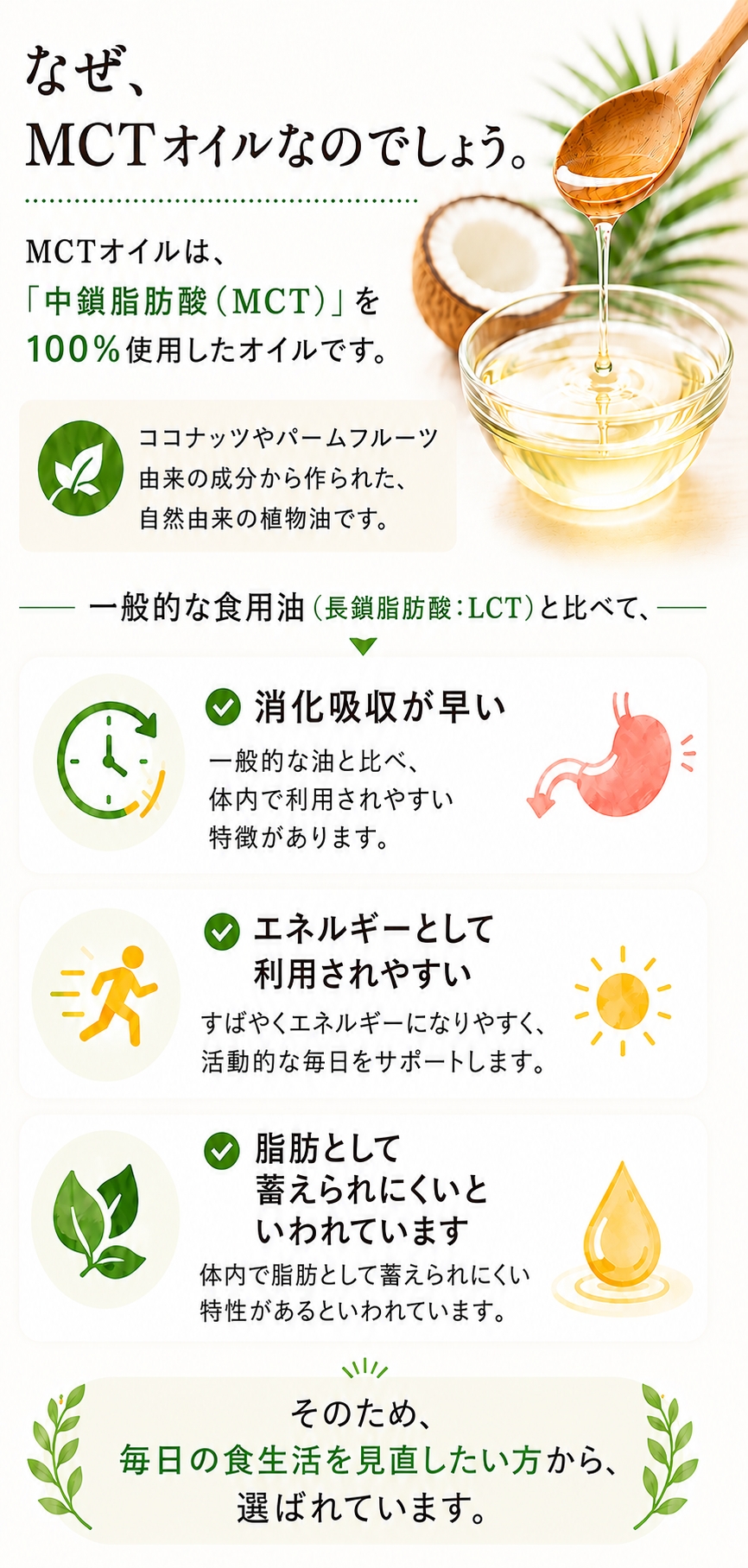 中鎖脂肪酸100％の有機MCTオイルの特徴と毎日の食習慣
