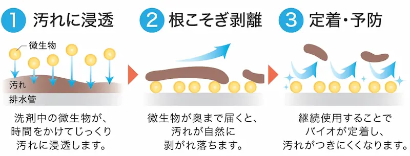 バイオの力が隅々まで浸透①汚れに浸透 洗剤中の微生物が、時間をかけてじっくり
汚れに浸透します。②根こそぎ剥離 微生物が奥まで届くと、汚れが自然に剥がれ落ちます。③定着・予防 継続使用することでバイオが定着し、汚れがつきにくくなります。