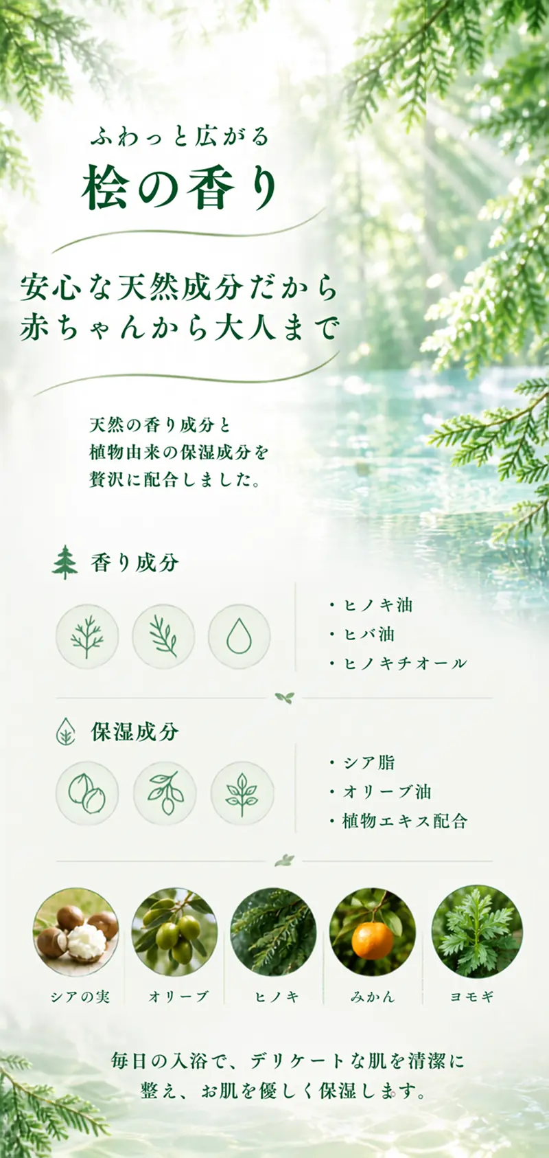 浴用化粧料『森の恵み湯 桧の香り』。天然ヒノキ油・ヒバ油・ヒノキチオールと植物由来の保湿成分を配合し、夏の乾燥しやすい肌をやさしくうるおします。赤ちゃんから大人まで毎日使える入浴剤です。